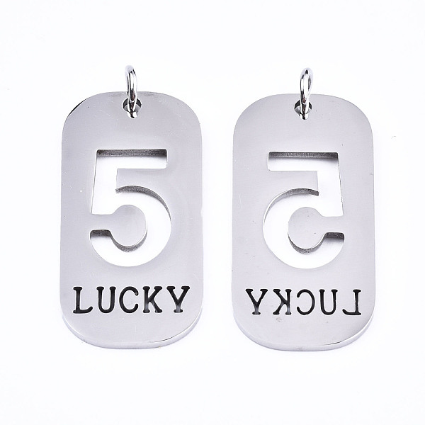 

PandaHall 201 Stainless Steel Pendants, Laser Cut, with Jump Rings, Rectangle with Number and Word LUCKY, Stainless Steel Color, Num.5...