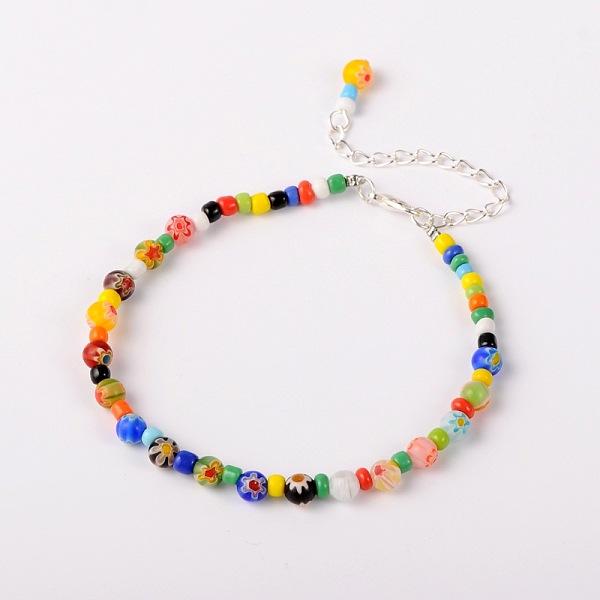 

PandaHall Handmade Millefiori Glass Beads Anklets, with Zinc Alloy Lobster Claw Clasps and Iron End Chains, Colorful, 235mm Glass Multicolor