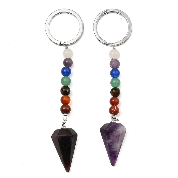 

PandaHall Natural Amethyst Cone Pendant Keychain, with 7 Chakra Gemstone Beads and Platinum Tone Brass Findings, 108mm Amethyst Cone