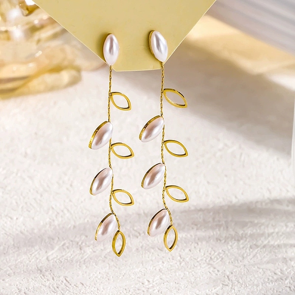 Fringed Plastic Pearl Leaf Stud Earrings for Elegant Ladies Party Jewelry