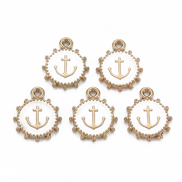

PandaHall Alloy Enamel Pendants, Light Gold, Cadmium Free & Nickel Free & Lead Free, Flat Round with Anchor, White, 17.5x14.5x2mm, Hole...