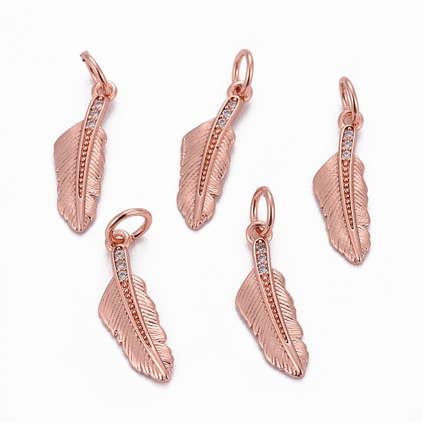 

PandaHall Brass Pendants, with Cubic Zirconia, Feather, Clear, Rose Gold, 17x5x1mm, Hole: 3.5mm Brass+Cubic Zirconia Feather Clear
