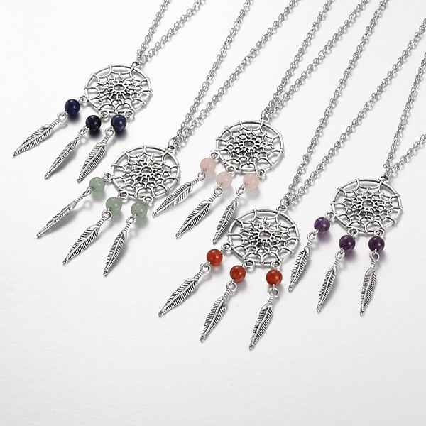 

PandaHall Iron Pendant Necklaces, with Alloy Leaf Findings and Natural Gemstone, 18.1 inch Mixed Stone