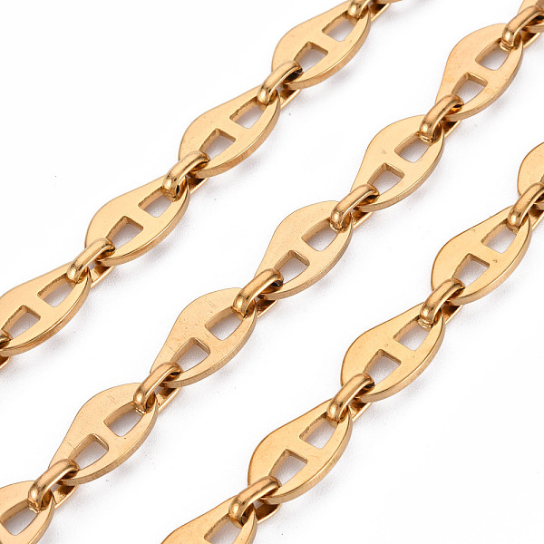 pandahall 304 stainless steel mariner link chains, with spool, unwelded, nickel free, real 18k gold plated, 13.5x8x1.5mm, 6.5x4.5x2mm, about...