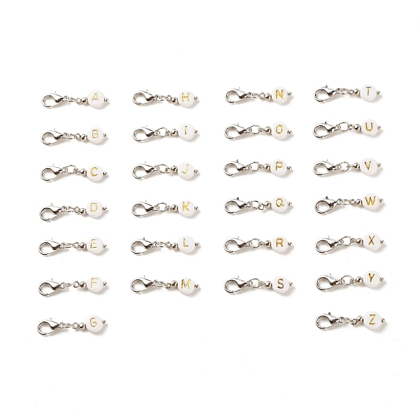 

PandaHall Plating Acrylic Pendants Decoration, with Zinc Alloy Lobster Claw Clasps and Iron Findings, Flat Round with Alphabet, White, 28mm...