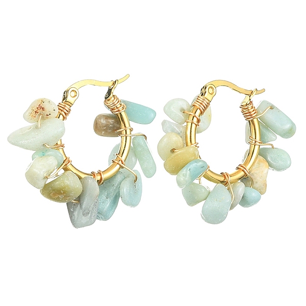 

PandaHall Natural Flower Amazonite Chips Braided Hoop Earrings, 304 Stainless Steel Wire Wrap Jewelry for Women, 25~27x28~33x7~9mm, Pin...