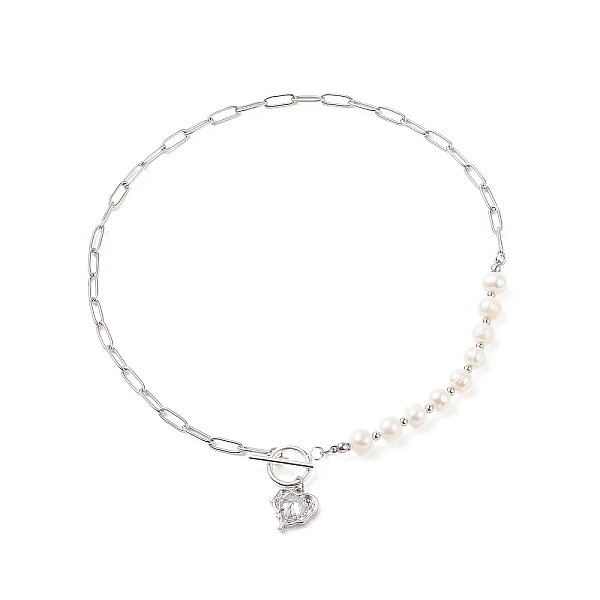 

PandaHall Clear Cubic Zirconia Heart Pendant Necklace with Natural Pearl Beaded, 304 Stainless Steel Paperclip Chains Necklace for Women...