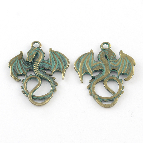 

PandaHall Zinc Alloy Dragon Pendants, Cadmium Free & Lead Free, Antique Bronze & Green Patina, 35x27x2mm, Hole: 2.5mm Alloy Dragon