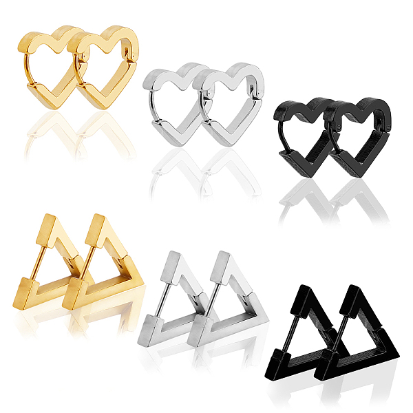 

PandaHall FIBLOOM 12Pcs 6 Style Titanium Steel Hoop Earrings for Women, Triangle & Heart, Mixed Color, 15~16x16~18x3mm, 2Pcs/style Titanium...
