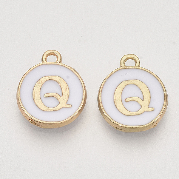 

PandaHall Golden Plated Alloy Charms, Cadmium Free & Lead Free, with Enamel, Enamelled Sequins, Flat Round with Letter, White, Letter.Q...