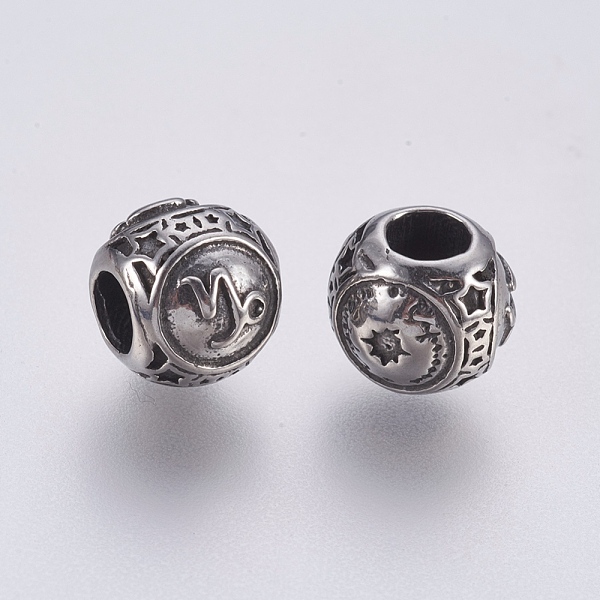 PandaHall 316 Surgical Stainless Steel European Beads, Large Hole Beads, Rondelle, Capricorn, Antique Silver, 10x9mm, Hole: 4mm 316 Surgical...