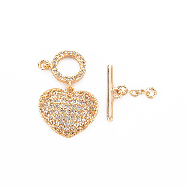 

PandaHall Brass Micro Pave Clear Cubic Zirconia Toggle Clasps, Clover, Nickel Free, Heart, Real 18K Gold Plated, 40mm, Hole: 1.4mm...