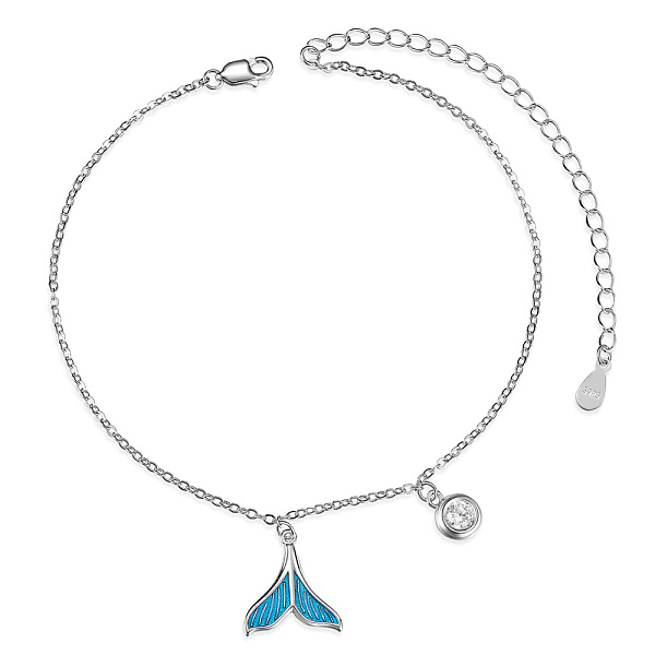 

PandaHall SHEGRACE Rhodium Plated 925 Sterling Silver Charm Anklets, with Epoxy Resin and Cubic Zirconia, Whale Tail Shape, Platinum, 8-1/4...