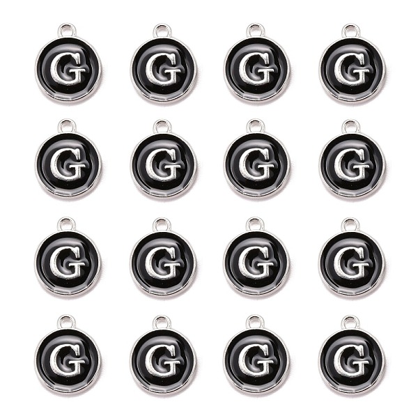 

PandaHall Platinum Plated Alloy Charms, Cadmium Free & Lead Free, with Enamel, Enamelled Sequins, Flat Round with Letter, Letter.G..., Black