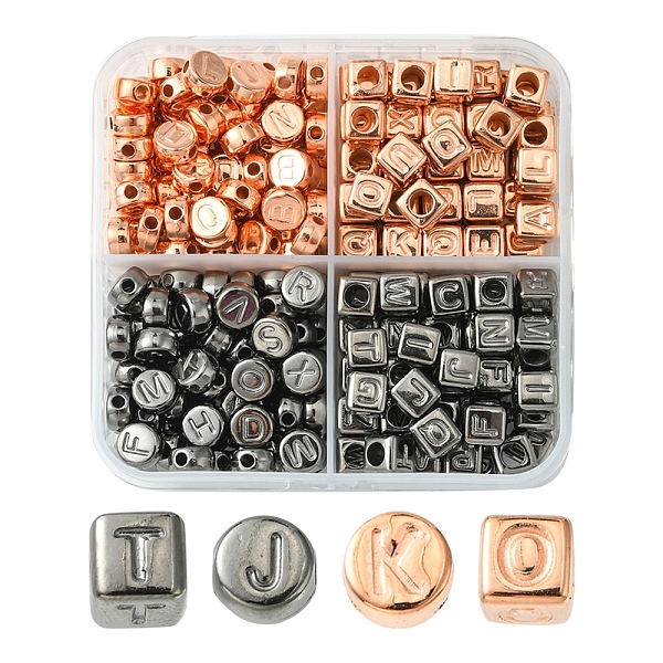 

PandaHall CCB Plastic Beads, Horizontal Hole, Flat Round/Cube with Letter, Gunmetal & Rose Gold, 6~7x6~7x4~6mm, Hole: 1.4~3mm, 267pcs/box...