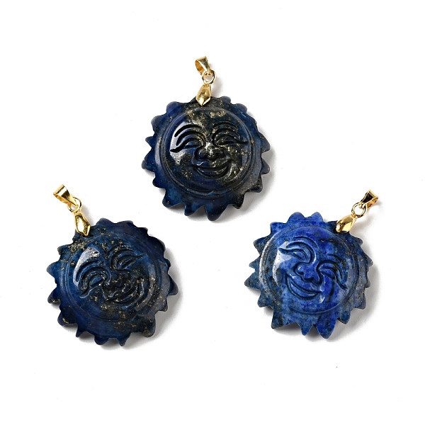 

PandaHall Natural Lapis Lazuli Pendants, with Golden Tone Brass Findings, Lead Free & Cadmium Free, Sun with Smiling Face, Dyed...