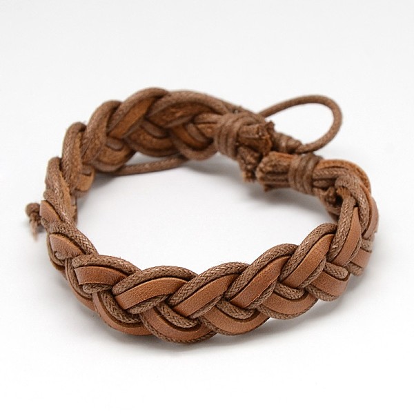 PandaHall Trendy Unisex Casual Style Braided Waxed Cord and Leather Bracelets, Chocolate, 58mm Leather Brown