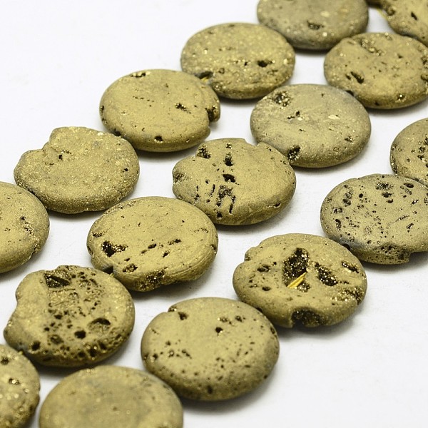 

PandaHall Electroplated Natural Druzy Geode Crystal Beads Strands, Flat Round, Dyed, Golden Plated, 30x7~8mm, Hole: 2mm, about 7pcs/strand...