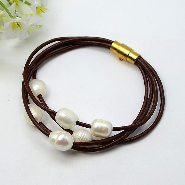 

PandaHall Fashion Bracelets, Cowhide Leather Cord with Freshwater Pearl Beads and Brass Magnetic Swivel Clasps, Coconut Brown, 185mm Leather...