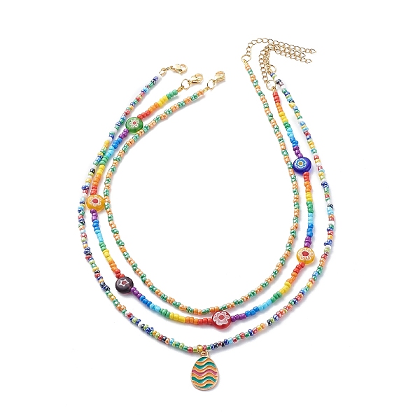

PandaHall 3Pcs 3 Style Easter Day Alloy Enamel Easter Egg Pendant Necklaces Set, Millefiori & Glass Seed Beaded Stackable Necklaces for..., Multicolor