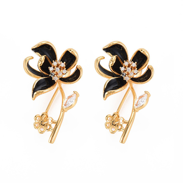 

PandaHall Brass Micro Pave Clear Cubic Zirconia Brooch Findings, with Enamel, For Half Drilled Beads, Leafy Branches, Nickel Free, Flower..., Black