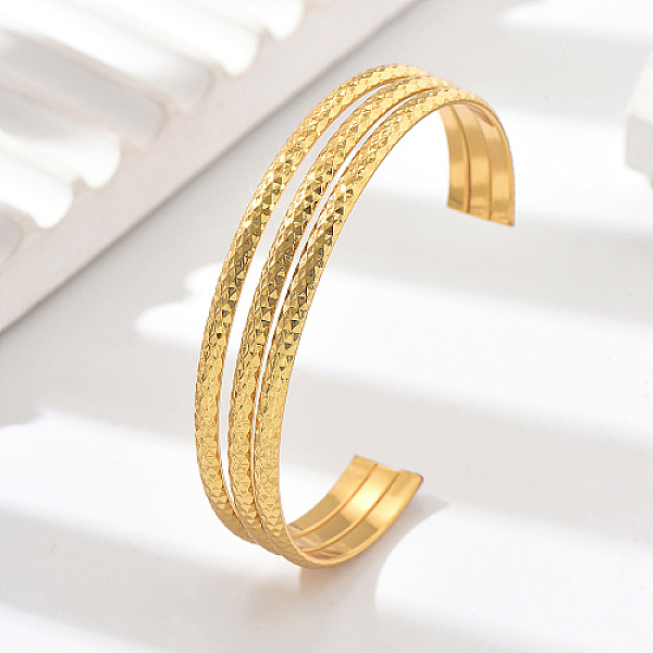 

PandaHall Stainless Steel Triple Layer Cuff Bangles, Real 18K Gold Plated, Inner Diameter: 2-3/8~2-3/4 inch(6~7cm) Stainless Steel