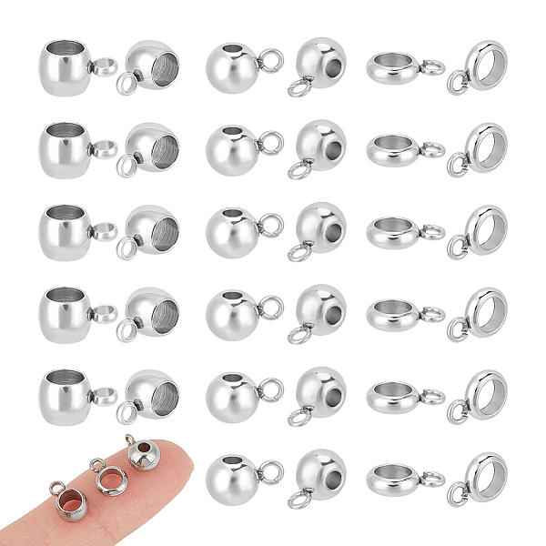 Unicraftale 90Pcs 3 Style 304 Stainless Steel Tube Bails, Loop Bails, Bail Beads fit European Chains, Rondelle/Ring, Stainless Steel Color, 5-9x5-9x2-6mm, Hole: 1.5-1.8mm, Inner Diameter: 2-4mm, 30pcs/style