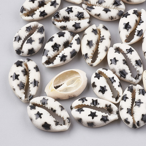 

PandaHall Printed Cowrie Shell Beads, No Hole/Undrilled, Star Pattern, Black, 20~26x13~18x5~7mm Cowrie Shell Shell Shape Black