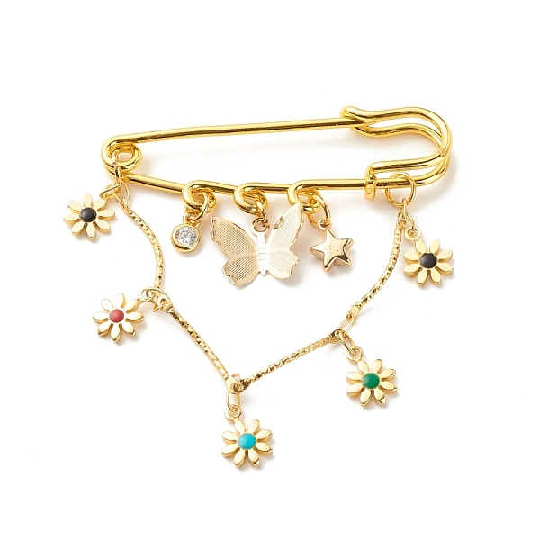 

PandaHall Butterfly & Star & Flower Charm Brass Brooch Pin, Hanging Chain Safety Pin for Sweater Shawl, Golden, 61x49x6mm, Pin: 1.5mm Brass