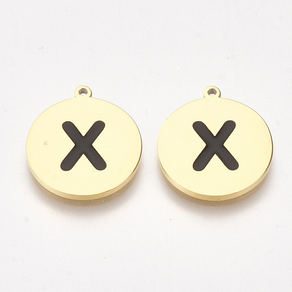PandaHall 304 Stainless Steel Pendants, with Enamel, Flat Round with Letter, Golden, Black, Letter. X, 17x15x1.5mm, Hole: 1mm Stainless...