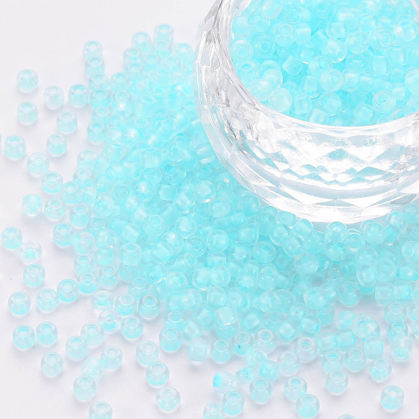 

PandaHall 8/0 Transparent Glass Seed Beads, Round Hole, Frosted Inside Colours, Round, Light Blue, 3~4x2~3mm, Hole: 0.8mm, about...