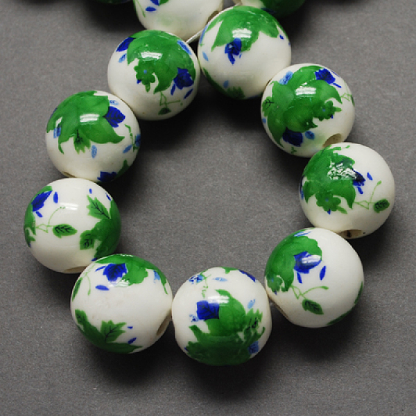 

PandaHall Handmade Printed Porcelain Beads, Round, Lime Green, 12mm, Hole: 2mm Porcelain Round Green