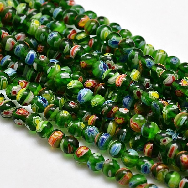 

PandaHall Round Millefiori Glass Beads Strands, Green, 6mm, Hole: 1mm, about 67pcs/strand, 14.7 inch Millefiori Lampwork Round Green