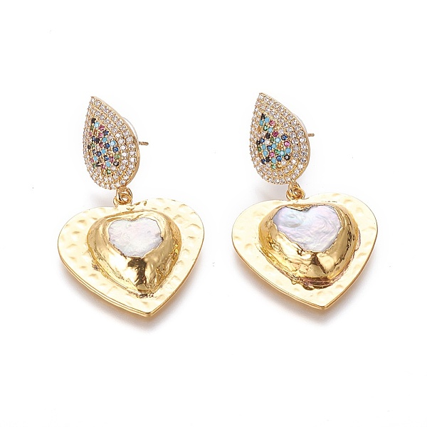

PandaHall Natural Pearl Dangle Stud Earrings, with Brass Micro Pave Cubic Zirconia Findings and Plastic Ear Nuts, Heart, Golden, 47mm, Pin..., White