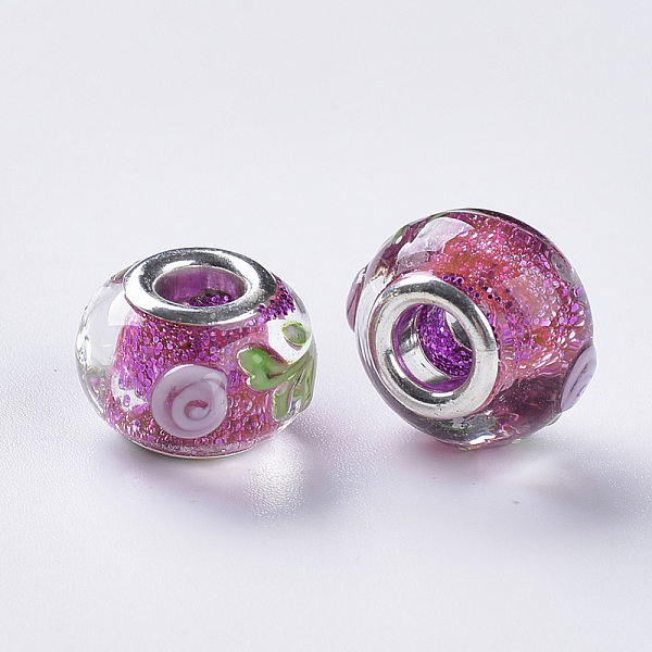

PandaHall Handmade Inner Flower Lampwork European Beads, Large Hole Beads, with Glitter Sequin inside and Silver Color Plated Brass Double..., Pink