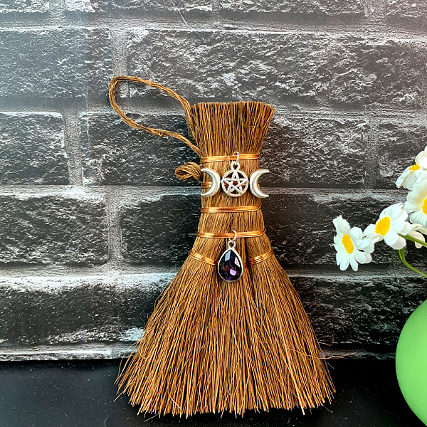 

PandaHall Wood Wicca Broom Car Hanging Decoration, with Alloy Decoration and Teardrop Glass Charm, Moon, 140x90mm Wood Moon