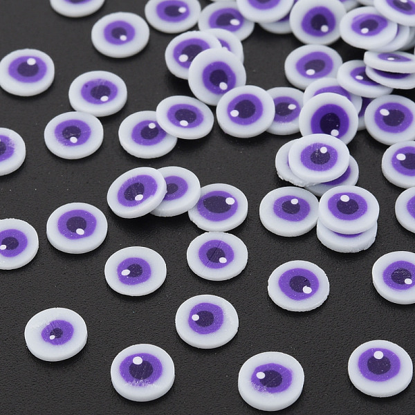 

PandaHall Handmade Polymer Clay Cabochons, Flat Round with Evil Eye, Blue Violet, 5~6x0.5~1mm, about 2500pcs/50g Polymer Clay Evil Eye