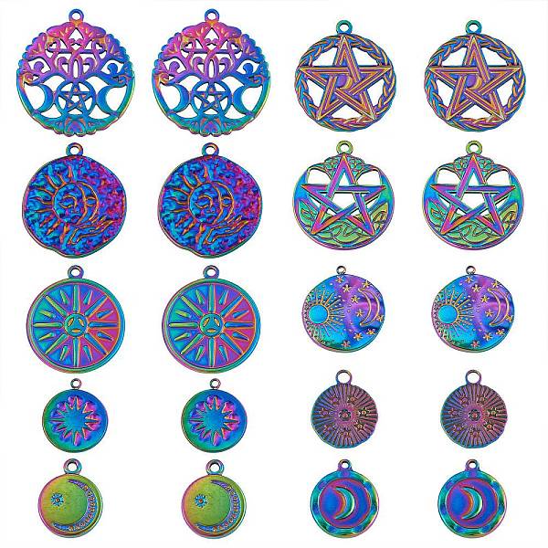 

PandaHall Rack Plating 20Pcs 10 Style 304 Stainless Steel Pendants, Flat Round with Star & Sun, Rainbow Color, 17~33.5x14.5~30x1.5~2.5mm...