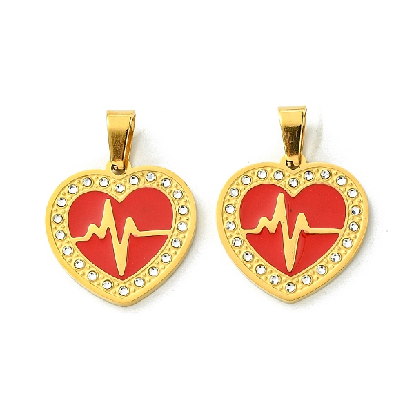 

PandaHall Ion Plating(IP) 304 Stainless Steel Pendants, with Enamel and Rhinestone, Real 18K Gold Plated, Heart with Heartbeat Charm, Red...