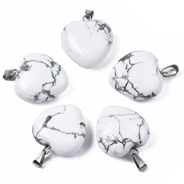 

PandaHall Natural Howlite Pendants, with Stainless Steel Snap On Bails, Heart, Stainless Steel Color, 22x20x9mm, Hole: 6x2mm Howlite Heart