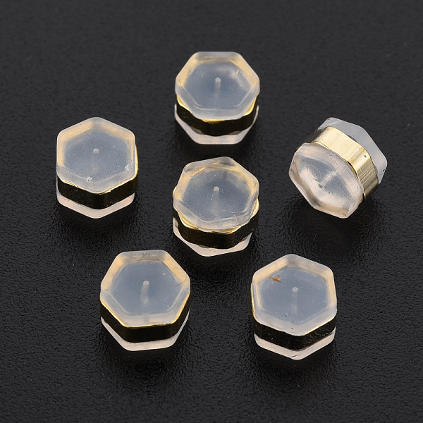 

PandaHall Silicone Ear Nuts, Earring Backs, with Brass Findings, Hexagon, Cadmium Free & Nickel Free & Lead Free, Golden, 6x7x4.5mm, Hole..., Clear