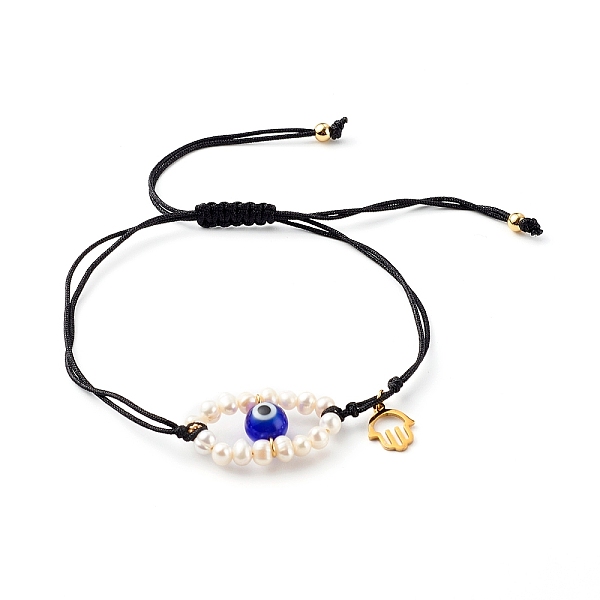

PandaHall Adjustable Nylon Thread Braided Bead Bracelets, with 304 Stainless Steel Hamsa Hand Charms and Evil Eye Natural Freshwater Shell..., Blue