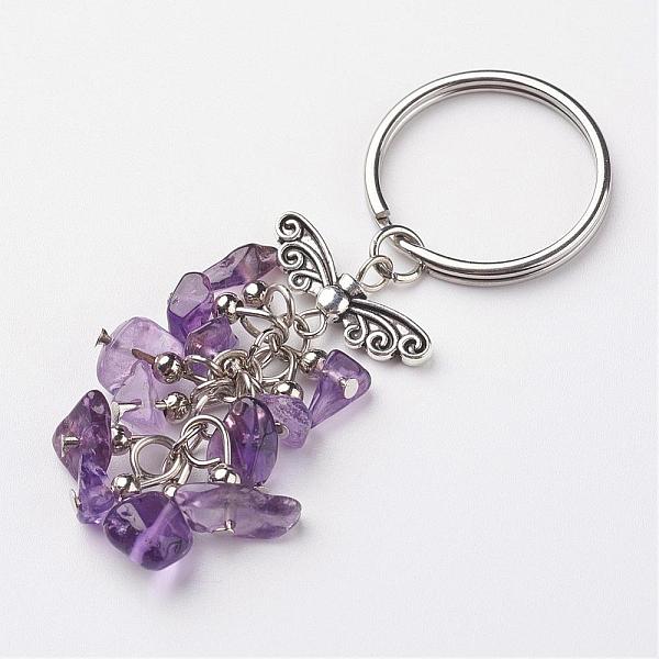 

PandaHall Natural Amethyst Keychain, with Tibetan Style Alloy Findings, Antique Silver and Platinum, 68mm Amethyst Chip Purple