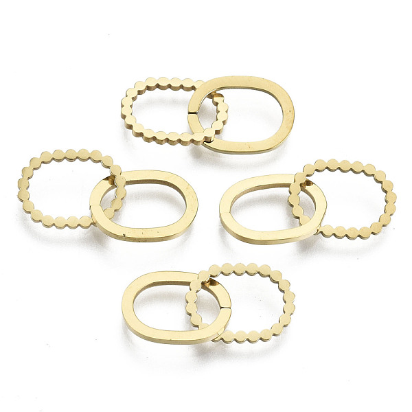 

PandaHall 201 Stainless Steel Linking Rings, Quick Link Connectors, Laser Cut, Oval, Golden, 12x9x1mm, Inner Diameter: 6x9mm, about 2pcs/set...