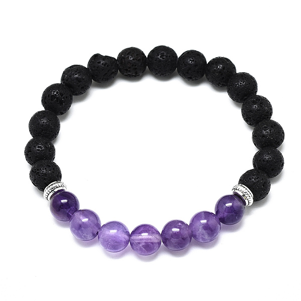 

PandaHall Natural Amethyst Beads Stretch Bracelets, with Synthetic Lava Rock Beads and Alloy Beads, Round, Inner Diameter: 2-1/8 inch(5.5cm)...