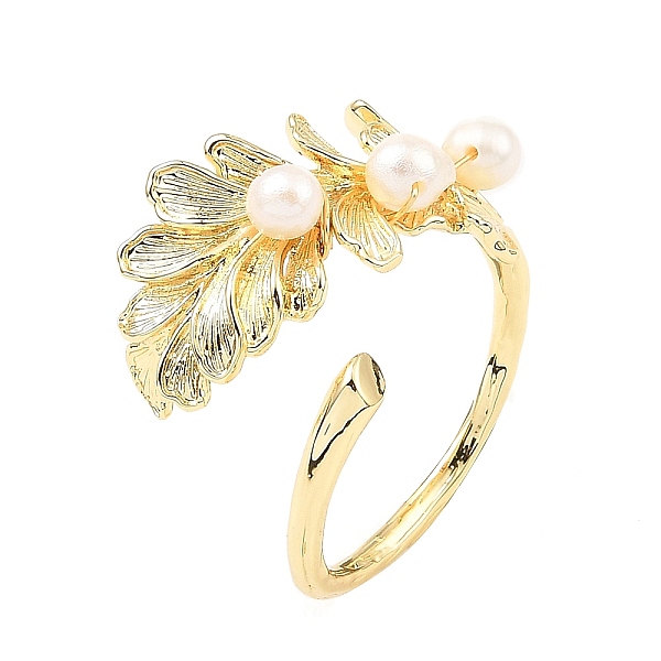 

PandaHall Brass Leaf Open Cuff Ring with Natural Pearl Beaded for Women, Real 14K Gold Plated, Inner Diameter: 19mm Pearl Leaf