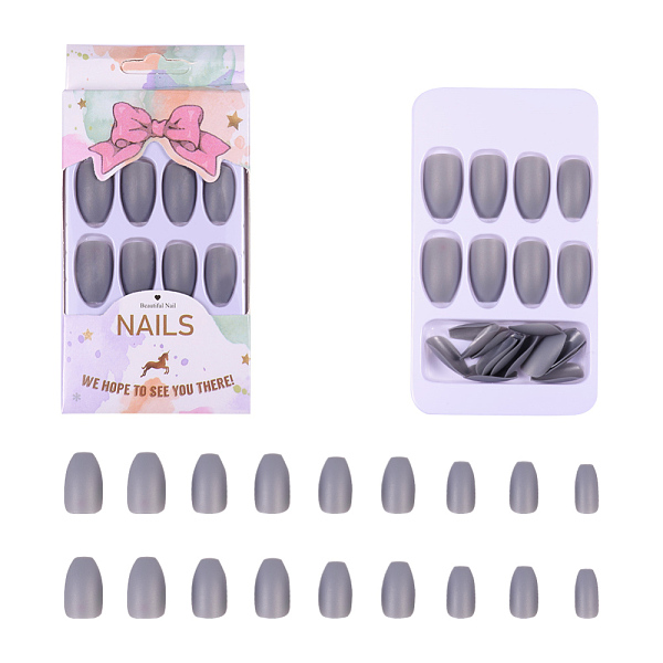 PandaHall Plastic False Nail Tips, Practice Manicure Nail Art Tool, Slate Gray, 17~23x7~14mm, about 24pcs/box Plastic Gray