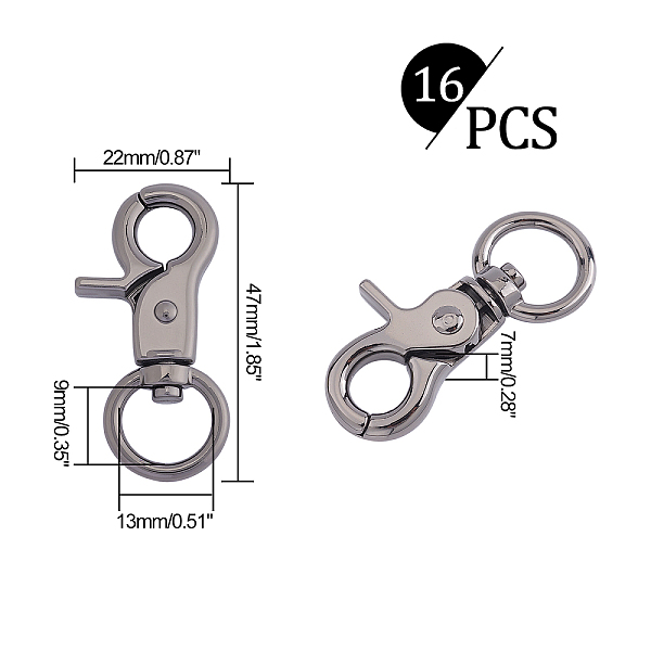 

PandaHall Zinc Alloy Swivel Lobster Claw Clasps, Swivel Snap Hook, Gunmetal, 47x22x7mm, Hole: 13x9mm, 16pcs/box Alloy
