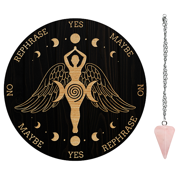 PandaHall AHADERMAKER 1Pc Wood Pendulum Board, 1Pc 304 Stainless Steel Cable Chain Necklaces, 1Pc Natural Rose Quartz Stone Pendants, for...