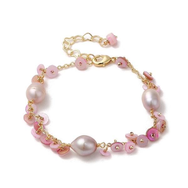 

PandaHall Shell Pearl Disc Charm Bracelet, with Brass Chains, Real 14K Gold Plated, 6-3/4 inch(17.1cm) Shell Disc